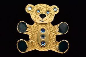 Newpro Vintage Teddy Bear Pin Brooch Blue Crystal Gold Tone Signed 1980s BinAH
